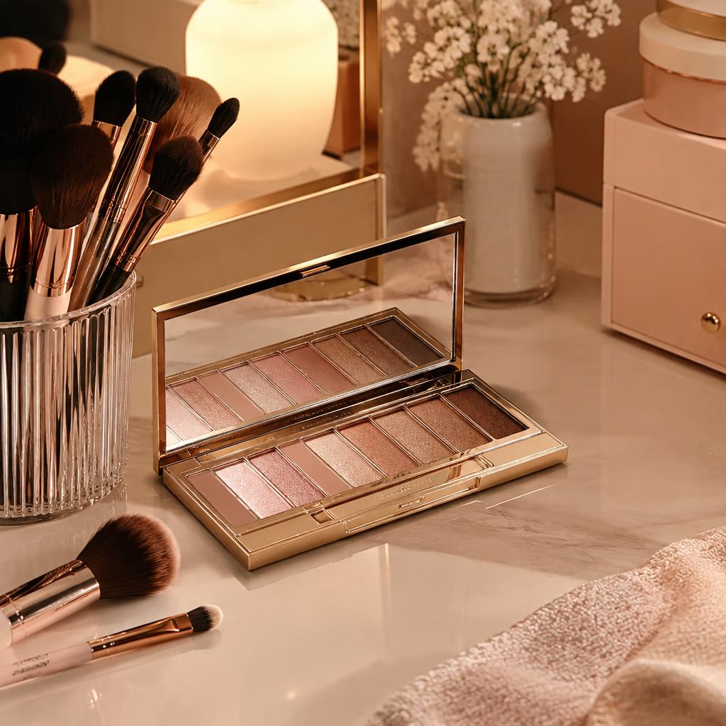 Makeup brushes and a champagne palette at the studio vanity